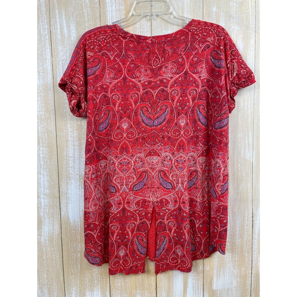 Lucky Brand Top Women's Size 1x Red Tunic Paisley Short Sleeve Boho Basic Soft - Picture 2 of 10